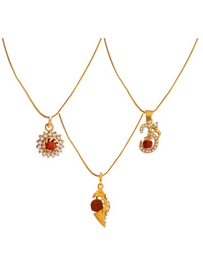 Gold Plated Shankh,Lord Surya & Rudraksha Studded OM Pendant Combo For Men 